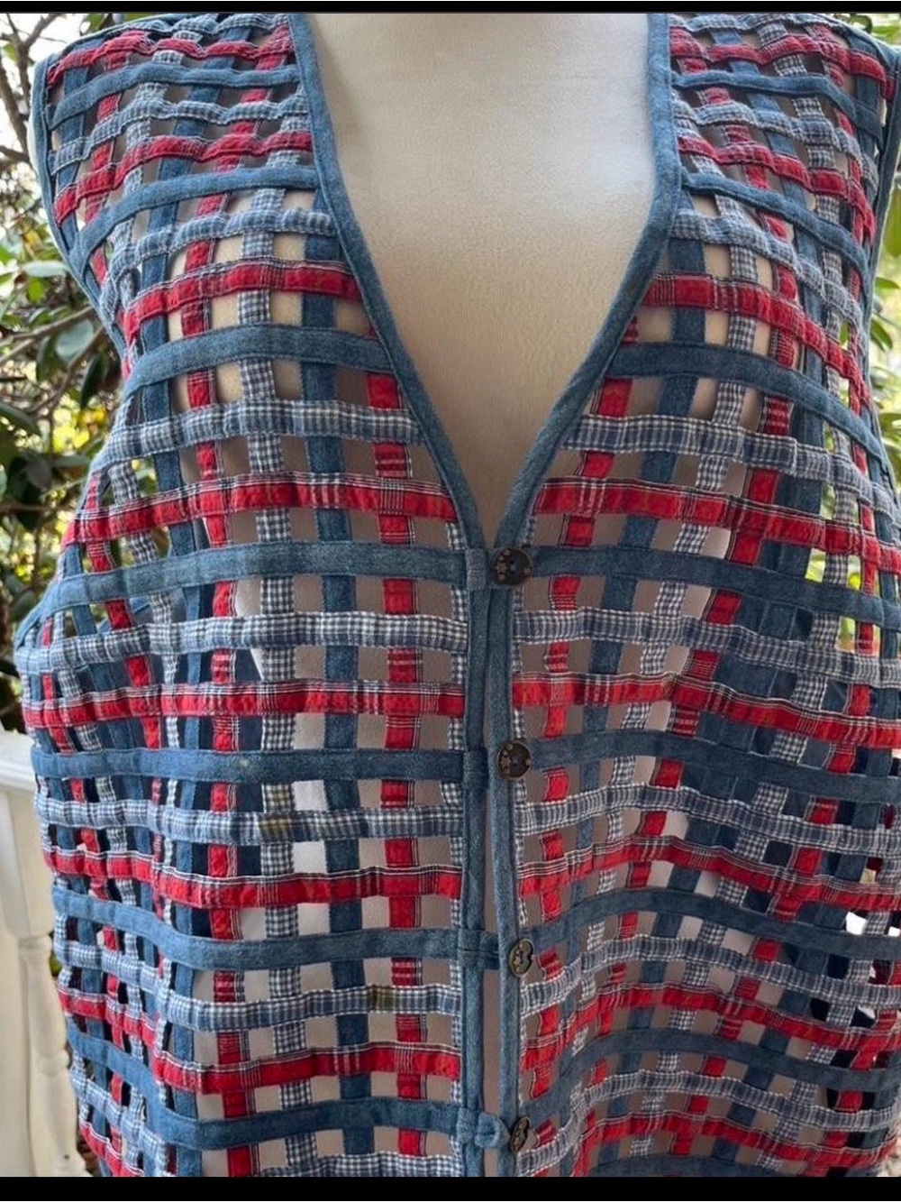 Koret City Blues 22W Woven Plaid Lattice Cotton Vest Art to Wear Lagenlook